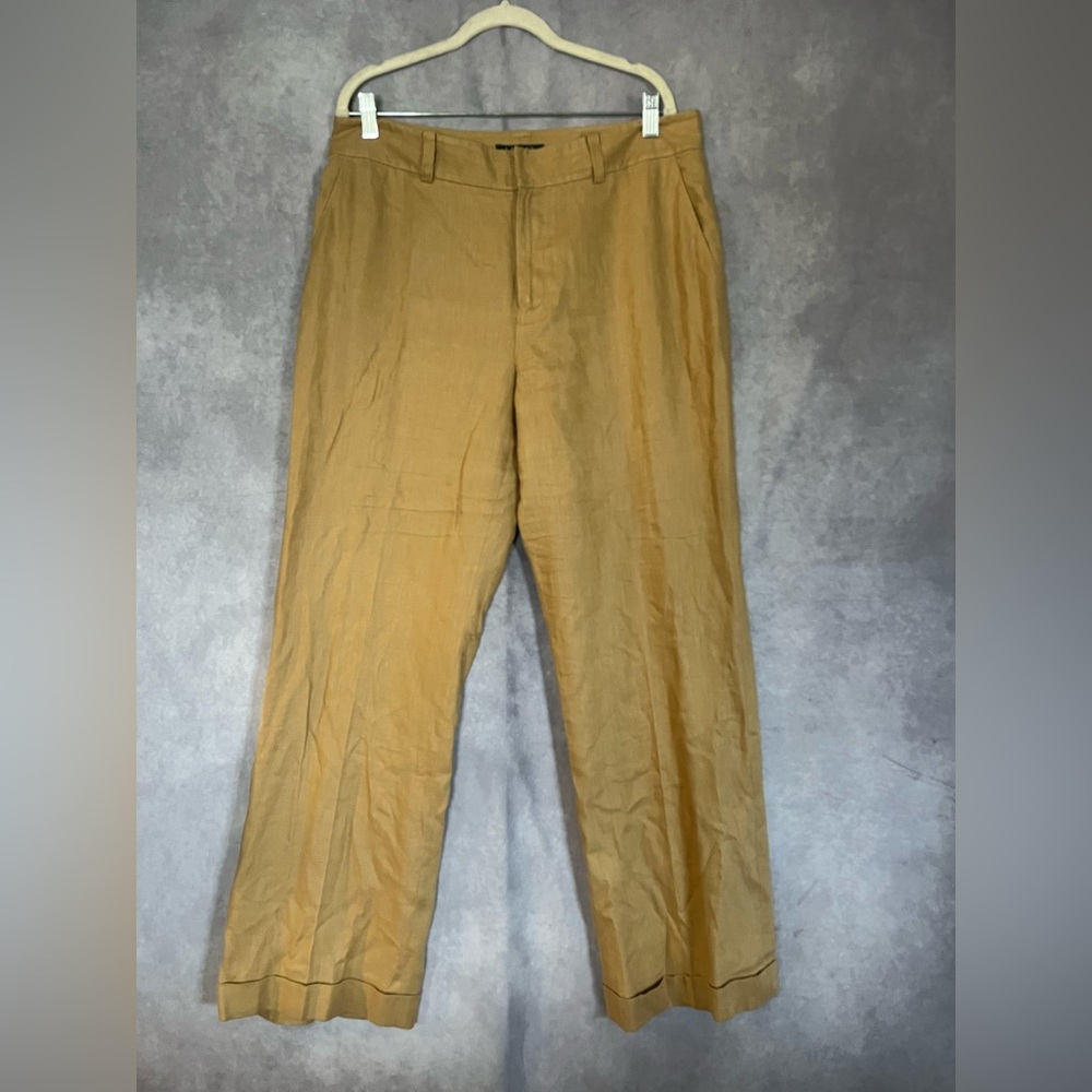 Lauren Ralph Lauren Cuffed Wide Leg 100% Linen Trousers Camel Brown 14